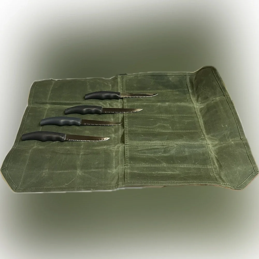 FOREVER SHARP 4 PIECE GOURMET STAINLESS STEAK KNIVES IN WAXED CANVAS KNIFE ROLL